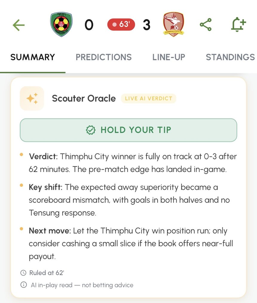 Scouter Oracle live AI verdict: HOLD YOUR TIP with verdict, key shift and next move