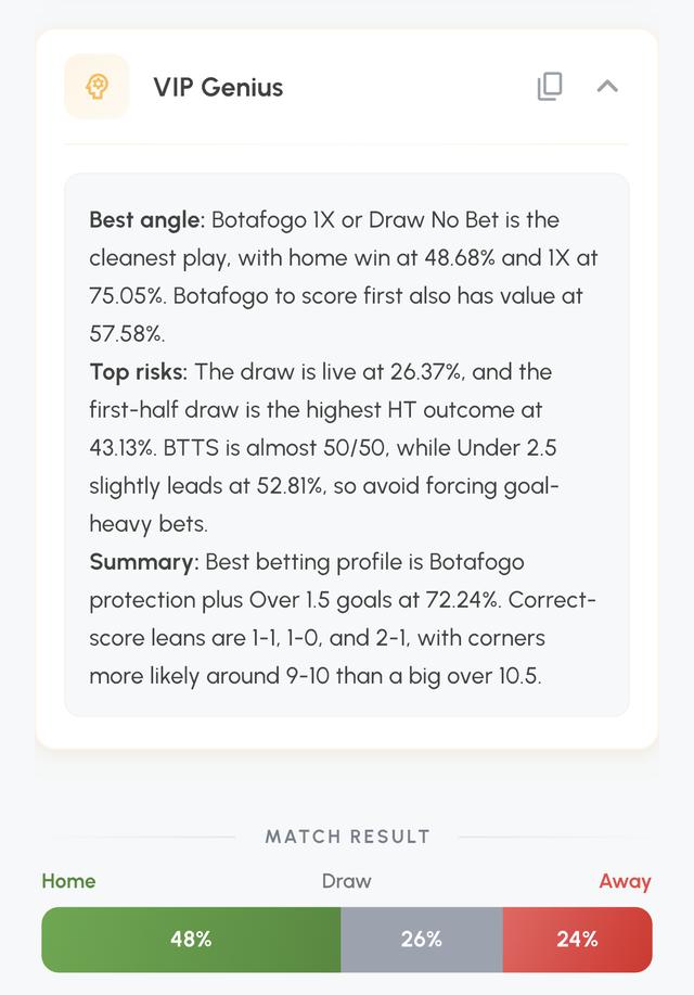 VIP Genius briefing with best angle, top risks and summary, plus match result probabilities