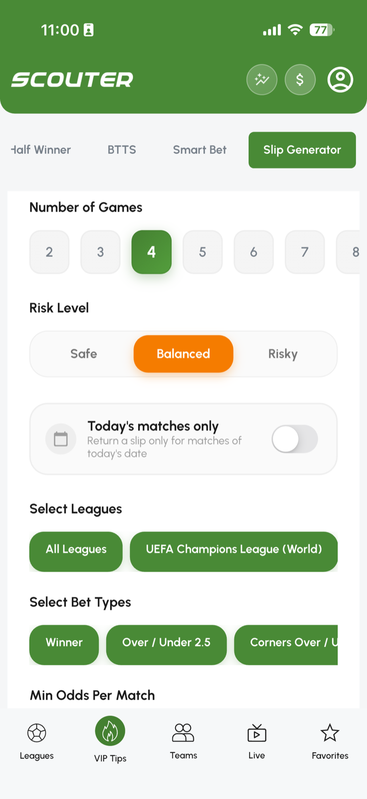 Scouter Slip Generator: number of games, risk level, leagues and bet types