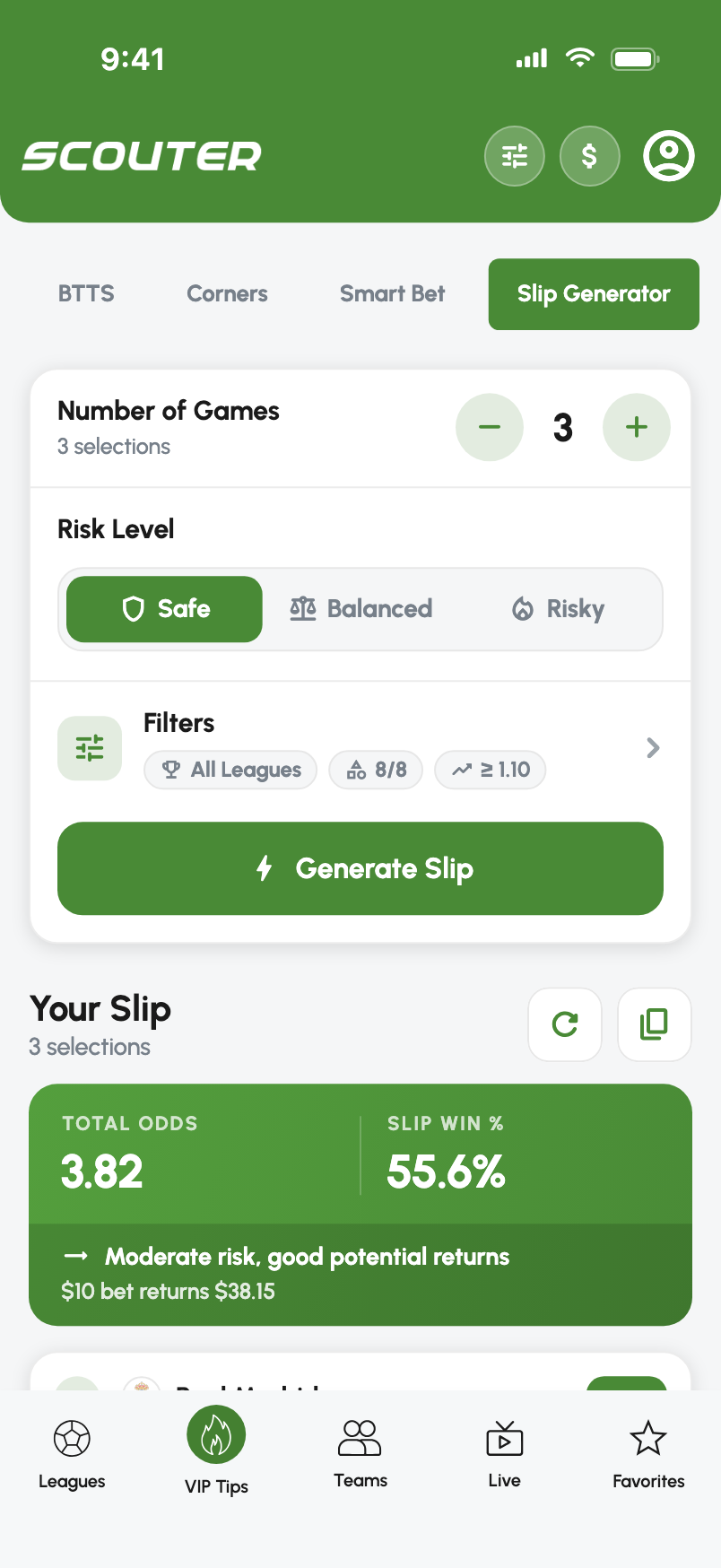 Scouter Slip Generator: number of games, Safe, Balanced or Risky, filters for leagues, bet types and minimum odds, and a generated slip with its total odds and win probability